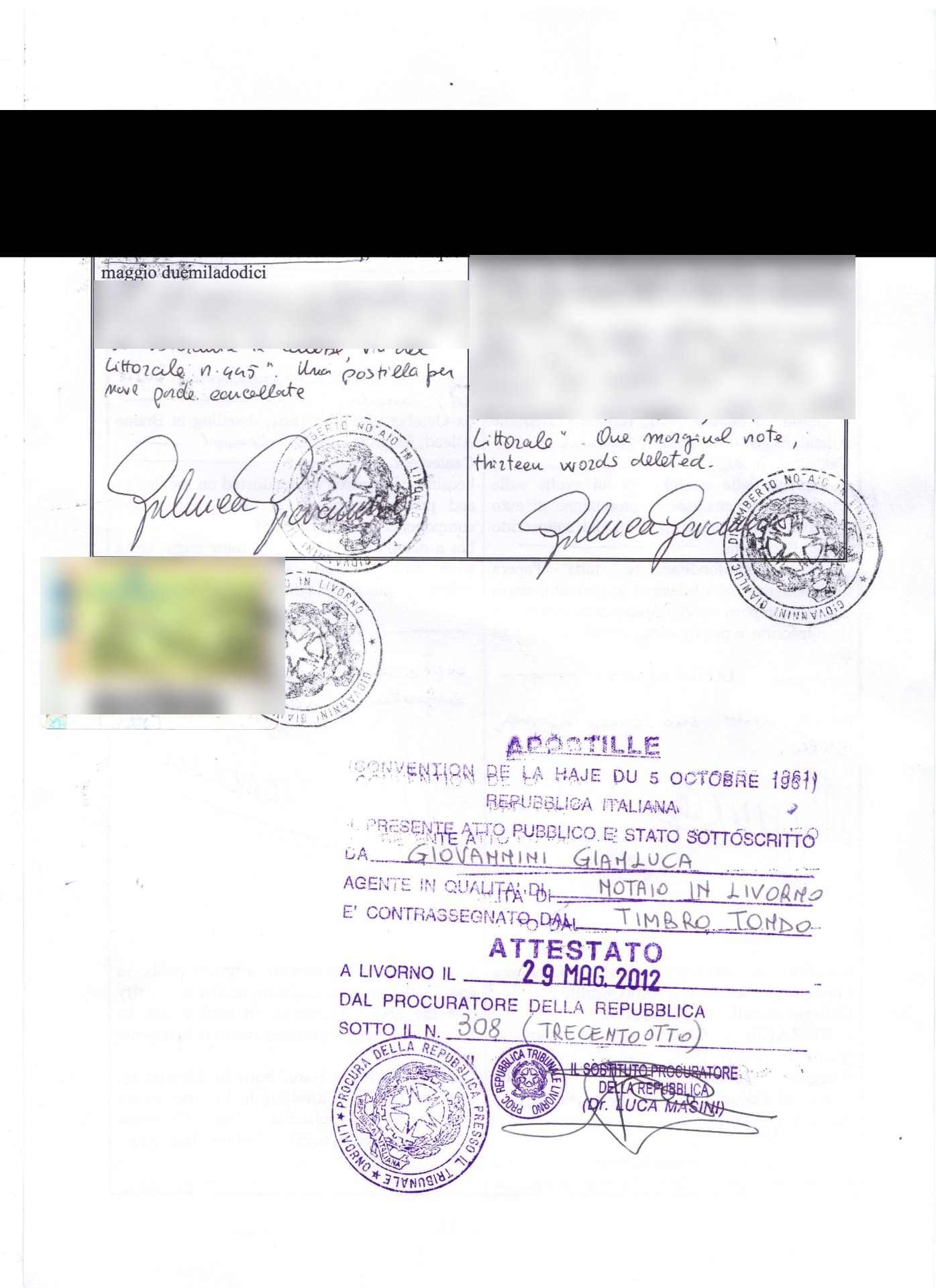 Signatures, timbre notarial et apostille (Procureur de la République, Livourne, 29 mai 2012).